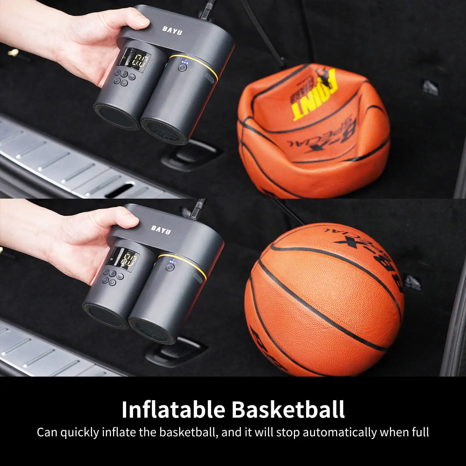 BAYU Ÿ�̾� ��â�� �޴�� ���� �����, ������ ���÷��̰� �ִ� �ڵ��� Ÿ�̾�� 150PSI ���� ����, �ڵ��� �����ſ� 15000mAh �������͸�