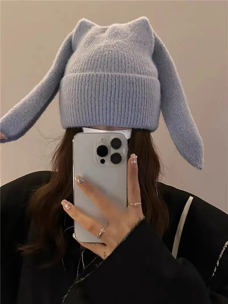 New 1Pc Bunny Hats Beanie Long Ear Warm Hat Crochet Knitted Hat Cute Bunny Hat Rabbit Ears Hats for Women Winter Hats Warm Caps 3