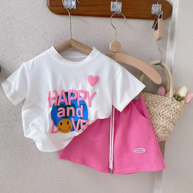 

Girls Short Sleeve Set Girls Toddler Summer New Fashion Letter Print T-shirt+Shorts Two Piece Children's Sports SetY1-9Y