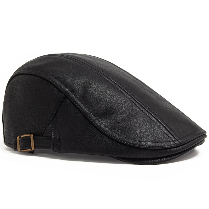 Fashion Men PU Leather Beret Autumn Winter Visor Flat Cap Thicken Warm Hat Berets Vintage England Newsboy Caps Higher Quality 2