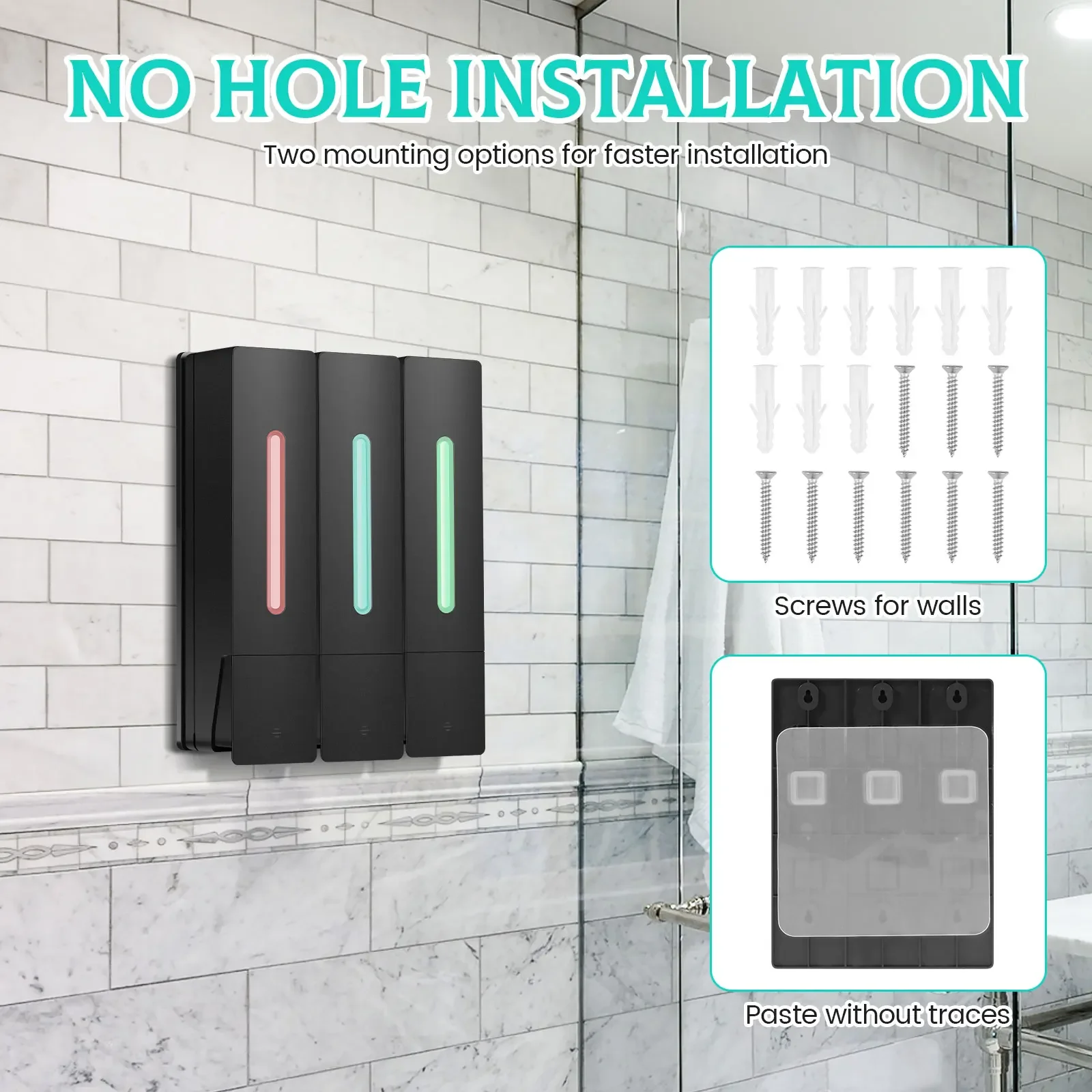 400ML Soap Dispenser Wall Mounted 3 Chamber Shower Soap Dispenser Adhesive Shampoo Conditioner Dispenser Bathroom Accessories 4