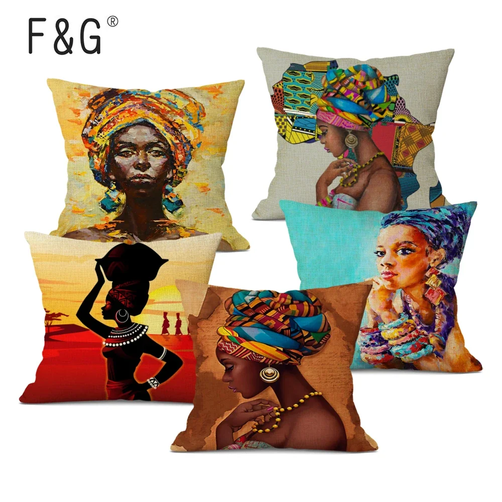 

African Character Oil Painting Cushion Cover African Nation Women Decorative Pillowcase Linen Pillow Coverfor Home Decor