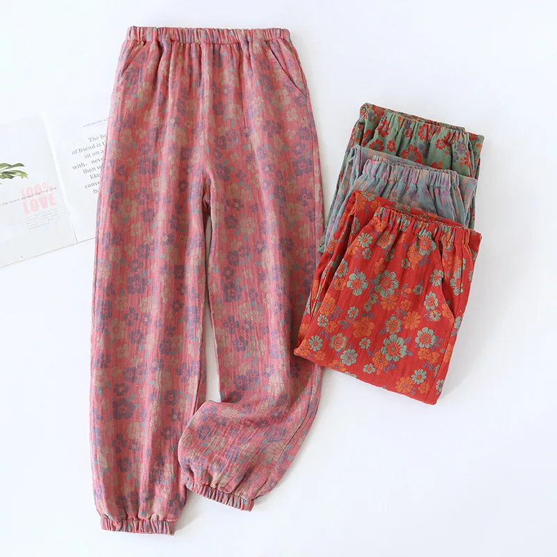 2024 Spring/Summer New Women's Sleeping Pants 100% Cotton Jacquard Cute and Fresh Flower Pants Loose Closing Home Pants Ladies