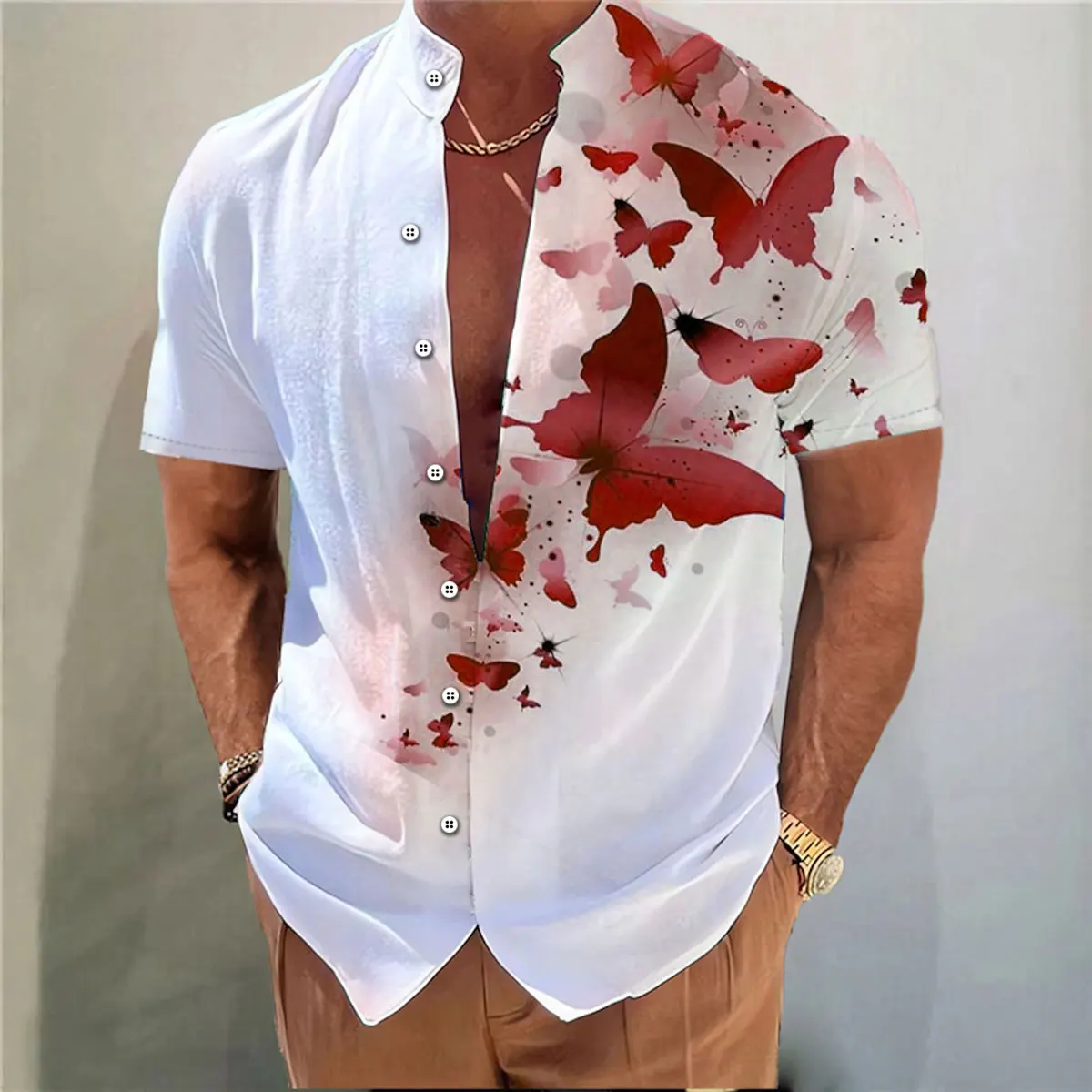 Casual Short Sleeved Shirt Short Sleeved Shirt Hawaiian Shirt Men's shirt butterfly pattern 3D printing stand collar multi-color outdoor street short sleeve Hawaiian large size shirt XS-6XL