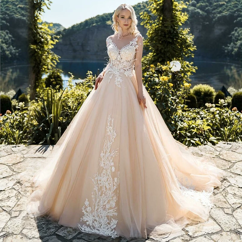 

Gorgeous Sleeveless Wedding Dresses Elegant A-Line Bridal Gowns Sheer O-Neck Lace Appliques Tulle With Train Vestidos De Novia