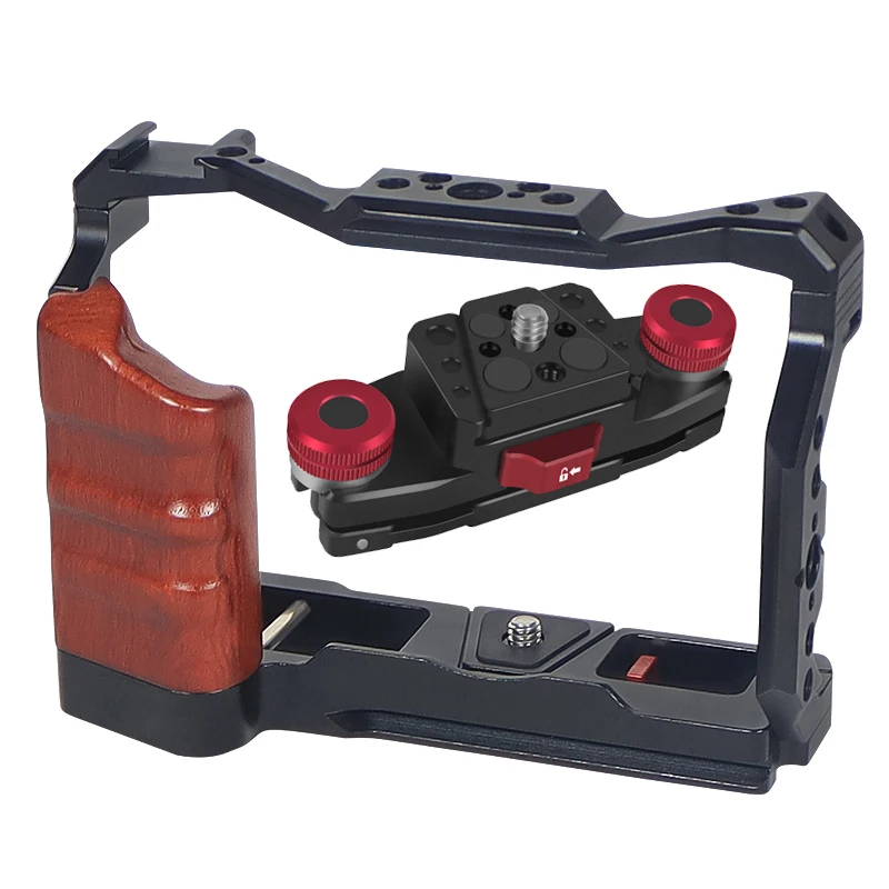 FEICHAO Metal Camera Cage For Fujifilm XT5 - Protective Frame With Wooden Grip & Cold Shoe Mount For Professional Use