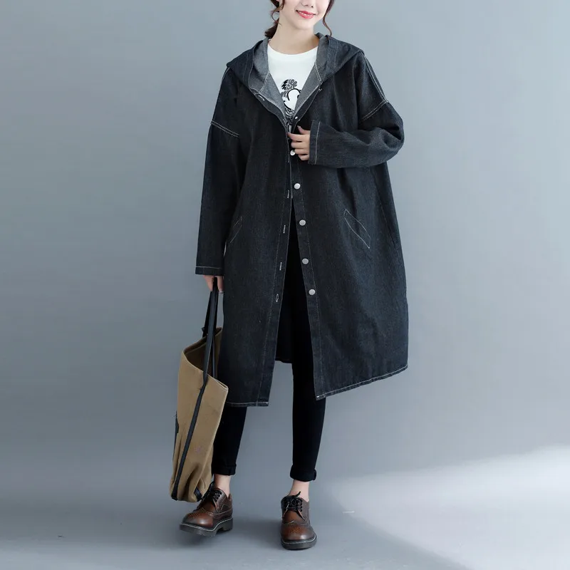 

2023 Korean Spring Fall Women's Retro Long Sleeve Denim Trench Coats Loose Jeans Windbreaker Solid Hooded Overcoats Large Size