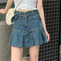 Kawaii Hot Girl Denim Skirt Womens Pleated Skirt Y2k  Fashion Casual College Style High Waist Slim Goth Mini A Word Short Skirt - Image 4