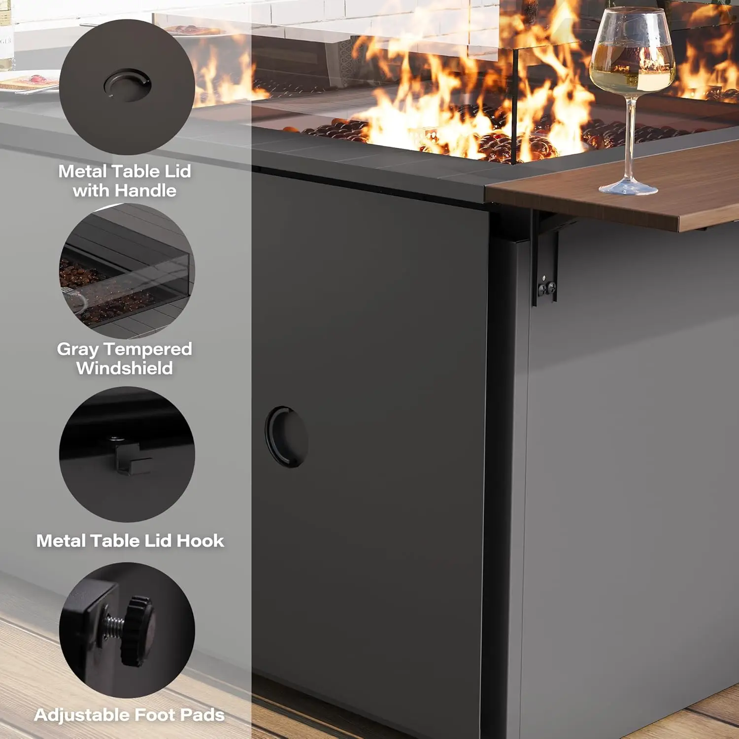 64" Gas Fire Pit Table for Outside Patio, 55,000 BTU Propane Firepit with Expandable Tabletop & Wind Guard 2