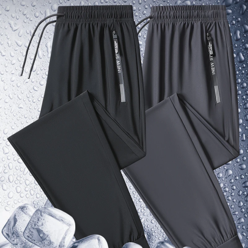 Men Trousers Summer Ice Silk Breathable Casual Stretch Low-Rise Straight-Leg Large Size Youth Sweatpants 8Xl