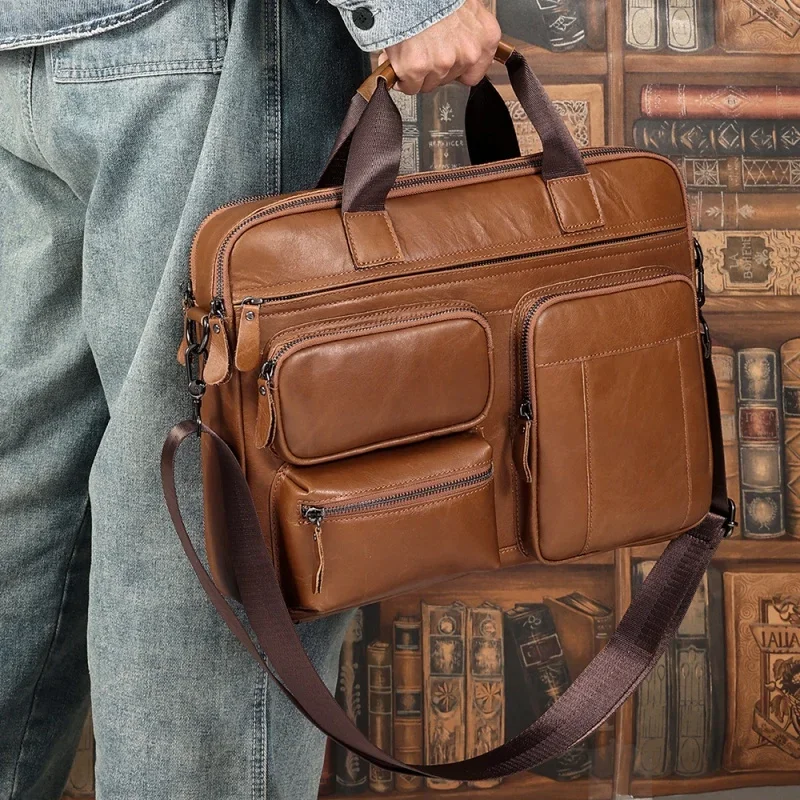 Business Genuine Leather Men's Briefcase Cow Leather Handbag Large Capacity Shoulder Messenger Bag Fashion 15.6 