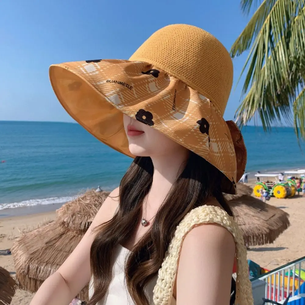 

Fashion Foldable Sunshade Hat New Outdoor Soft Wide Brim Bucket Caps UV Protection Summer Print Bow Fisherman Hat