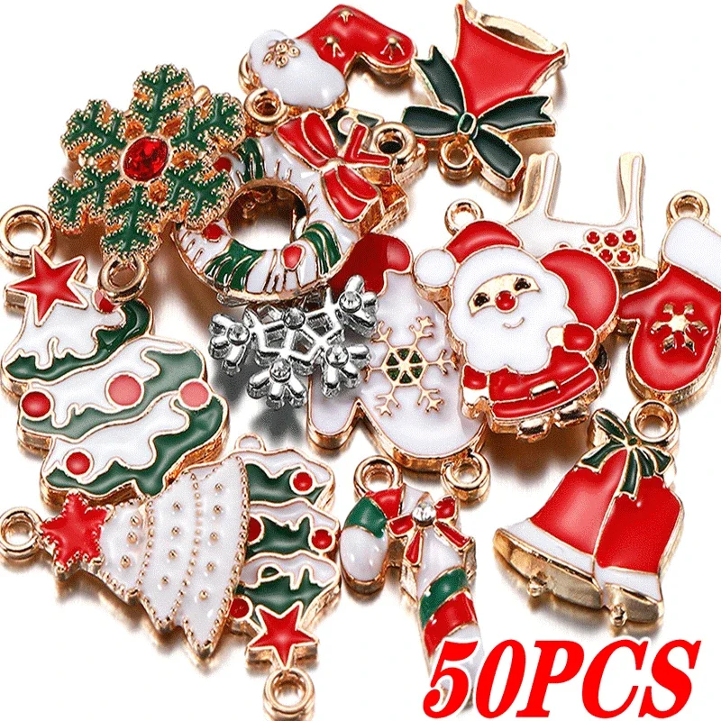 

50PCS Enamel Christmas Charms Alloy Mixed Santa Claus Tree Bell Sock Snowman Snowflake Pendant Jewelry Diy Making Accessory