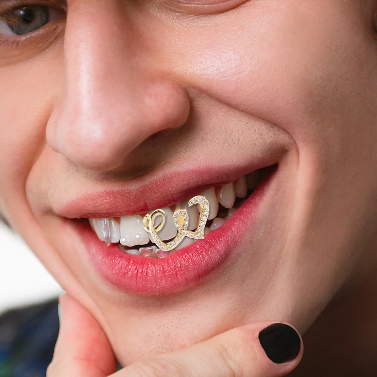 2개 세트 더블 하트 구리 입술 그릴 치아 장식 키트, 반짝이는 큐빅 지르코니아 힙합 패션 치아 캡 (파티용)