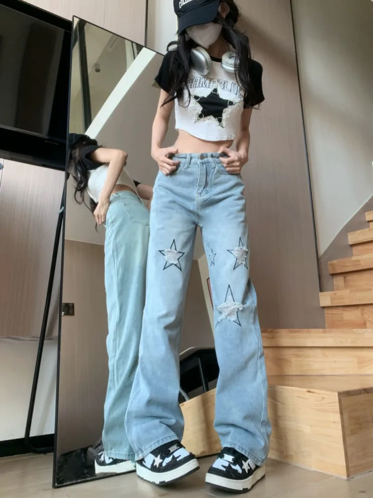 

Women's American Retro Perforated High Waist Jeans Spring Summer New Chic Fashion Casual Trousers Female Straight Denim Pants