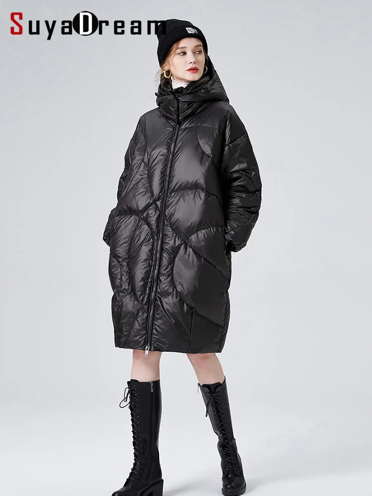

SuyaDream 2022 Winter Long Down Coats 90%White Duck Down Hooded Winter Black Thick Warm Bread Parkas