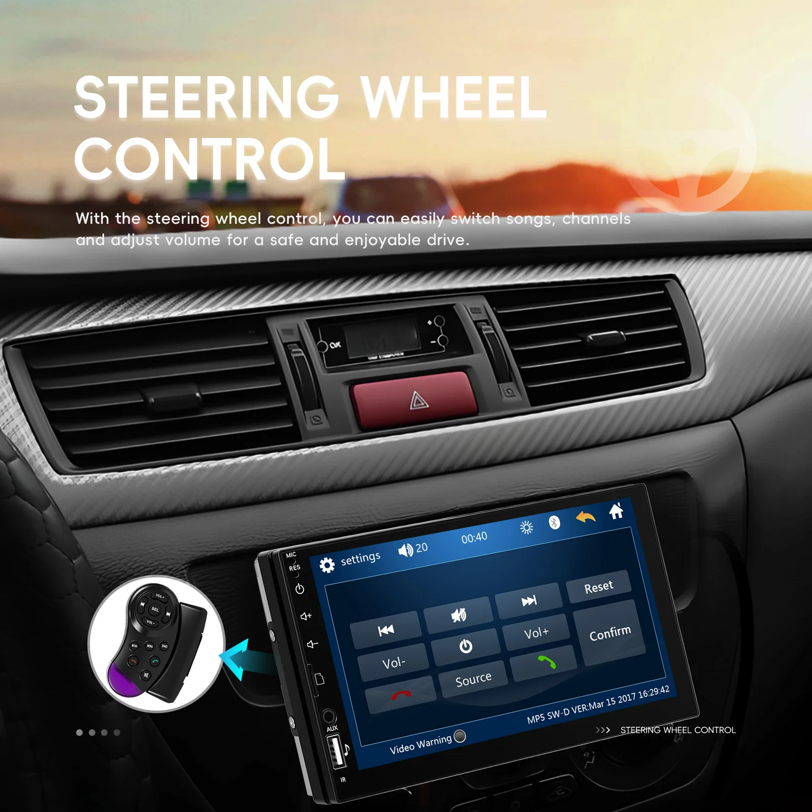 Reproductor MP5 Podofo de 7'' con Pantalla LCD 1Din, Reproductor Multimedia con Mirror Link, EQ, FM, BT, USB, Luces LED, Control del Volante, Estéreo para Auto 3