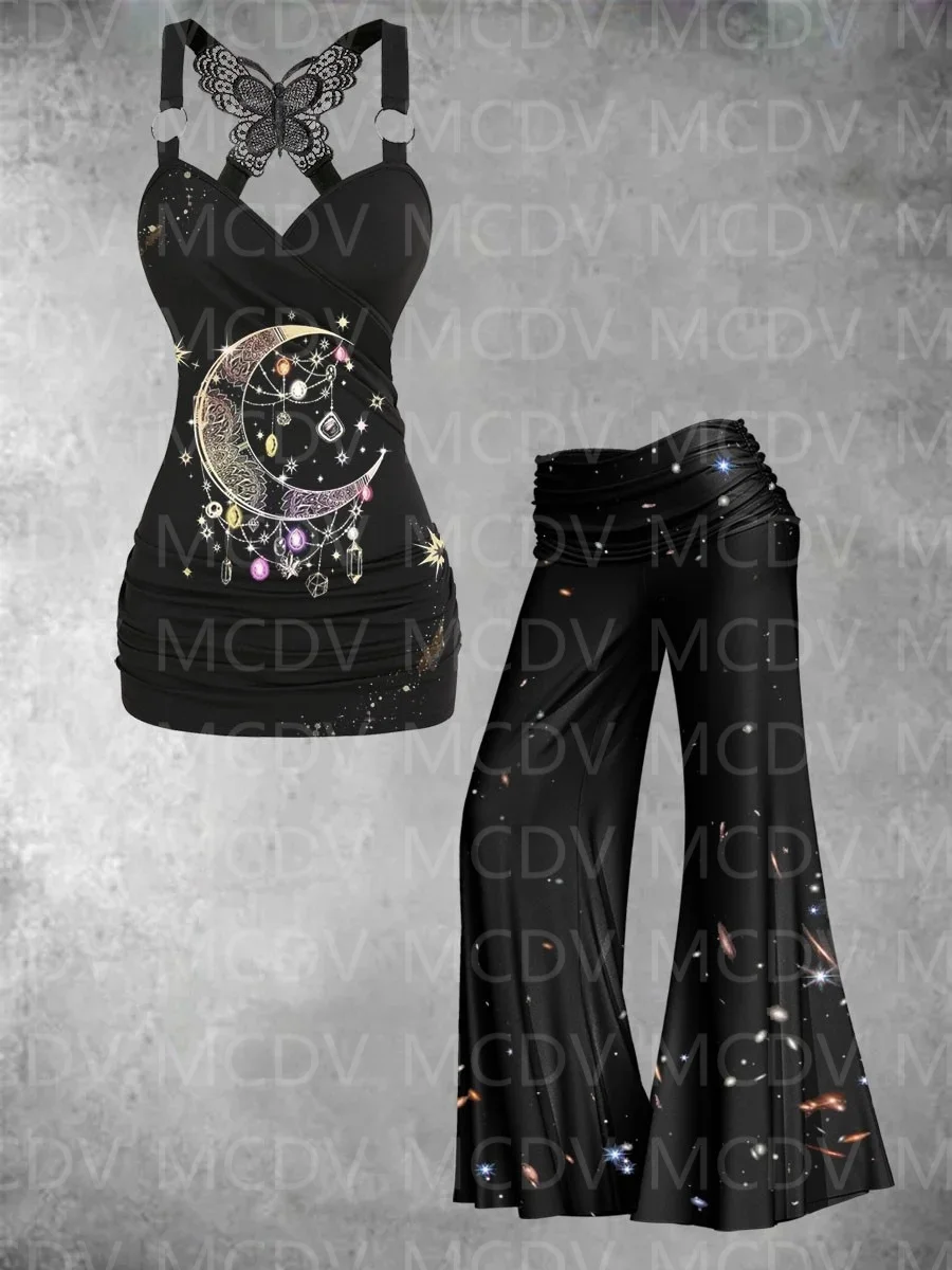 Women's Art Print Casual Two-piece Set 3D All Over Printed Women Sexy Tank Top+Flare Wide Leg Pants