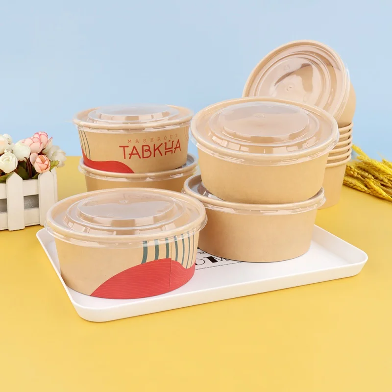 

Customized productfood takeaway packaging disposable custom logo printing paper container salad bowls kraft paper bowl with lid