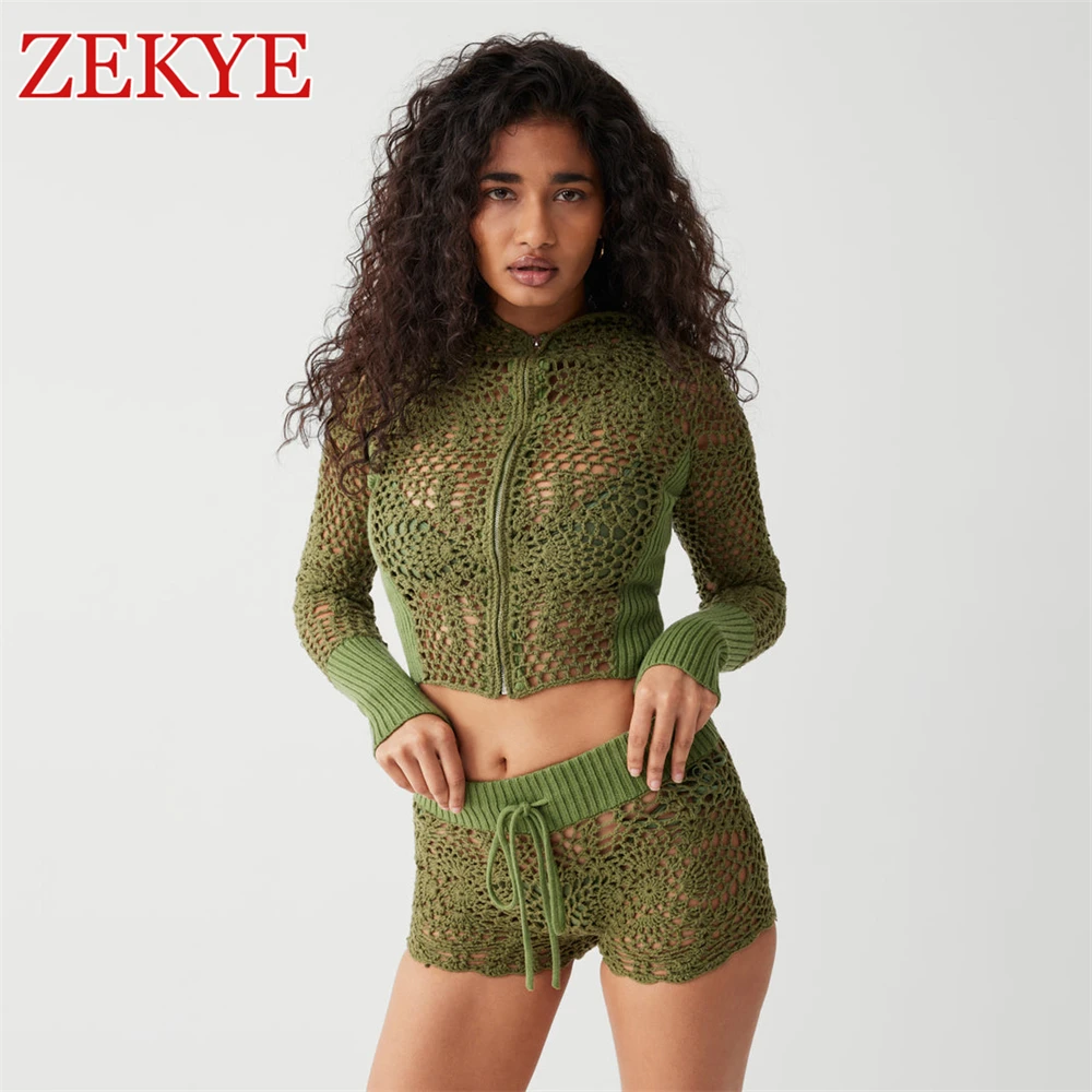 

Zekye See Through Lace Y2K Beach 2 Piece Set Summer Sexy Boho Aesthetic Zipper Crop T-shirt Long Sleeve Shorts Set Outfit Grunge