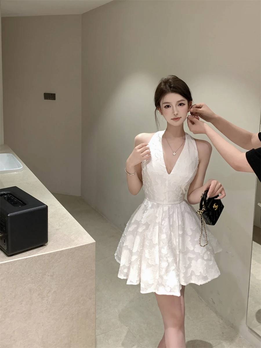 Y2K Halter Backless Short Dresses for Women V-neck Jacquard Sleeveless A-line Birthday Party Dress Prom Mini Vestidos Mujer New