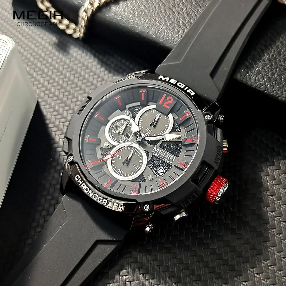 

MEGIR Sport Watch Men Fashion Chronograph Quartz Wristwatch with Black Silicone Strap Luminous Hands 3atm Waterproof Auto Date