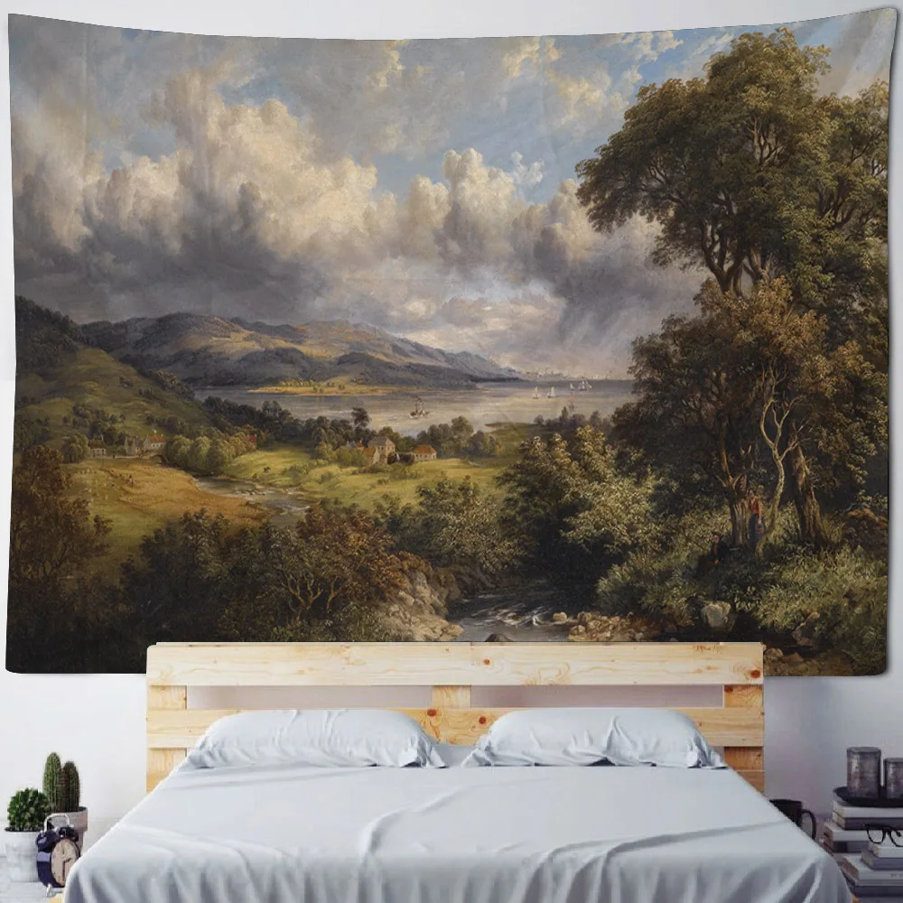 European style landscape oil painting tapestry, home wall hanging fabric, Bohemian, aesthetic, living room, bedroom decoration