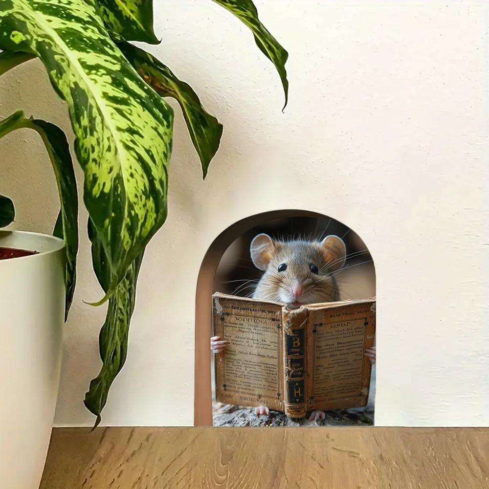 2pcs 9cm Reading Mouse Rat holes Wall Stickers, Stair Corner Stickers, Suitcases and Decorative Waterproof Stickers J-438