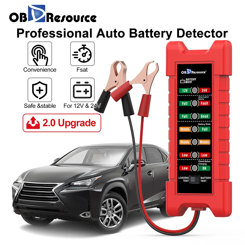 Battery Monitoring Tester OBDResource Car Battery Tester 12V 24V Loading Test Reverse Protection Alternator Check Automotive Voltage Detector for Truck
