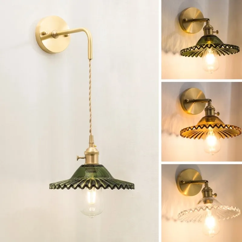 

Vintage Brass Wall Lamp Modern Nordic Bedside Retro Sconce Smoke Amber Green Clear Glass Shade Wall Light