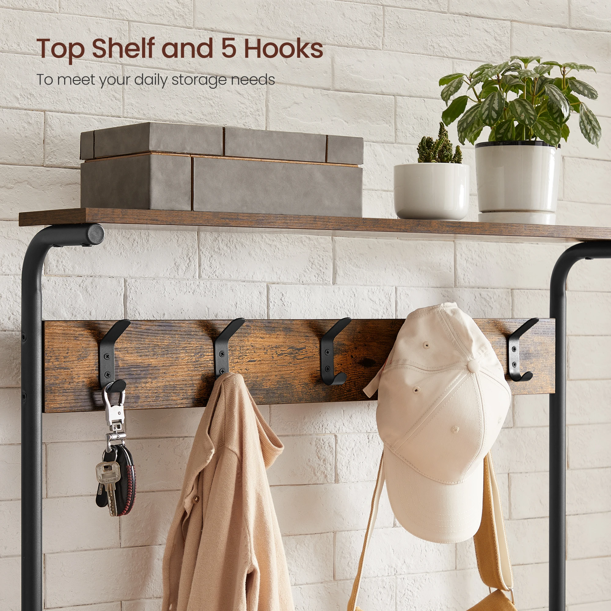 VASAGLE Hall Tree With Shoe Bench, Coat Rack Shoe Bench, 5-Tier Shoe Rack Different Heights, 5 Dual Hooks, Top Shelf,Entryway 3