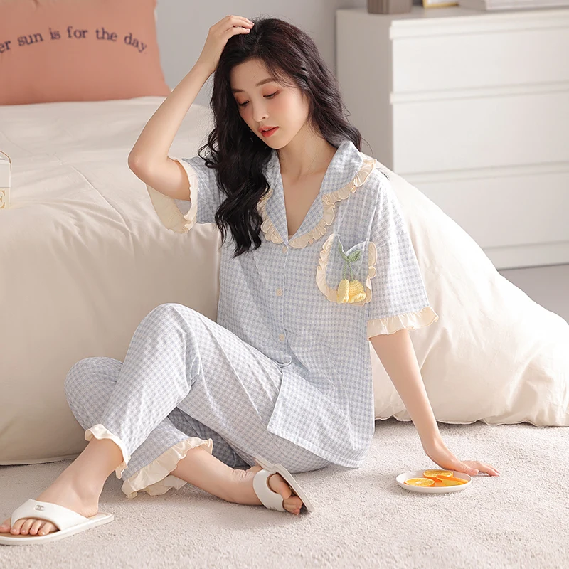 

Short Sleeved Tops Long Pants Pajamas Sets Summer Cotton Women Princess Style Pyjamas Sweet Sleepwear Loungewear Femme Clothing