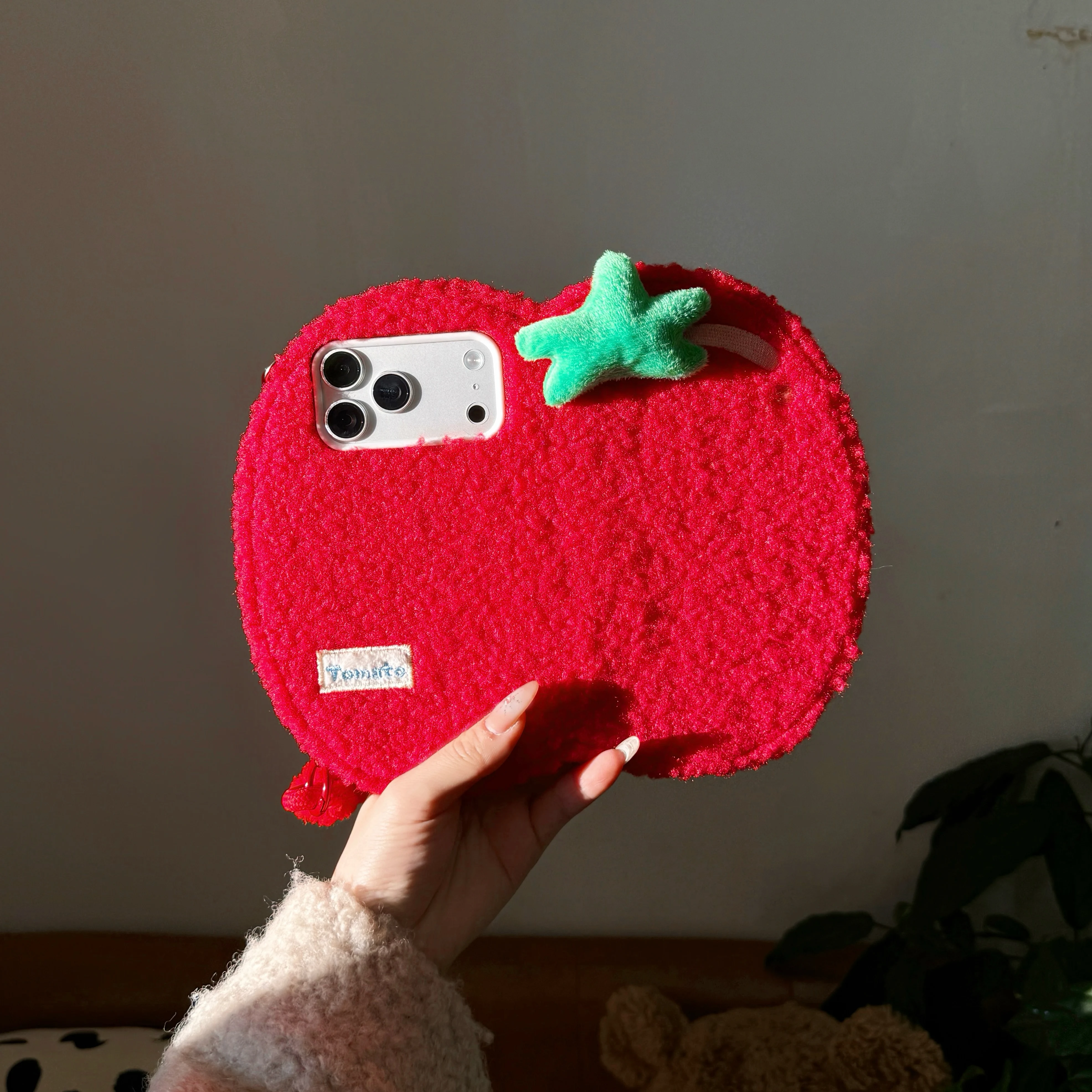 Tomatoes Creative Flip Plush Phone Case with Built-in Mirror