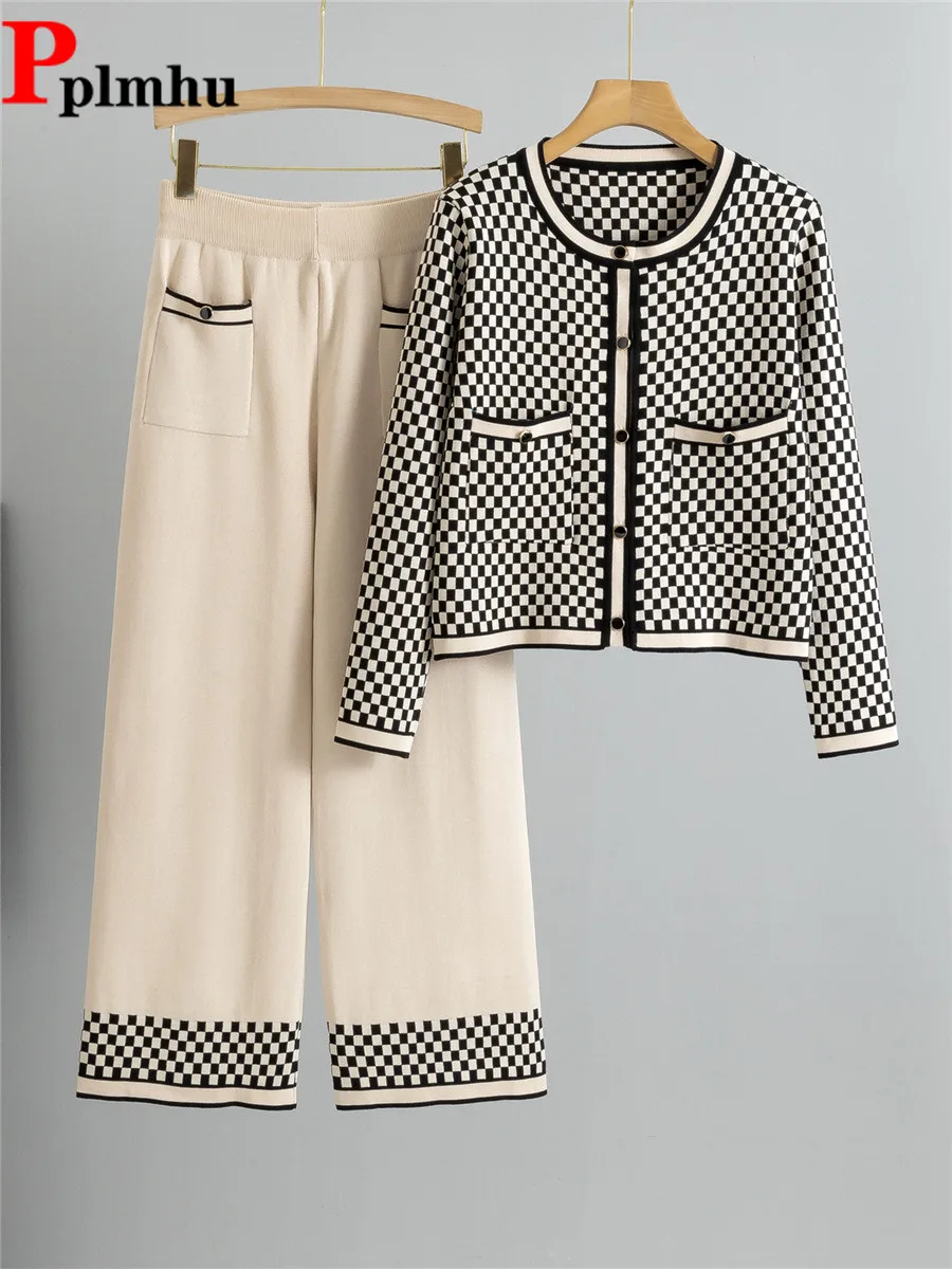 Knitted design two-piece sets for women, one-shoulder knitted sweater top, high-waisted wide-leg pants outfit.