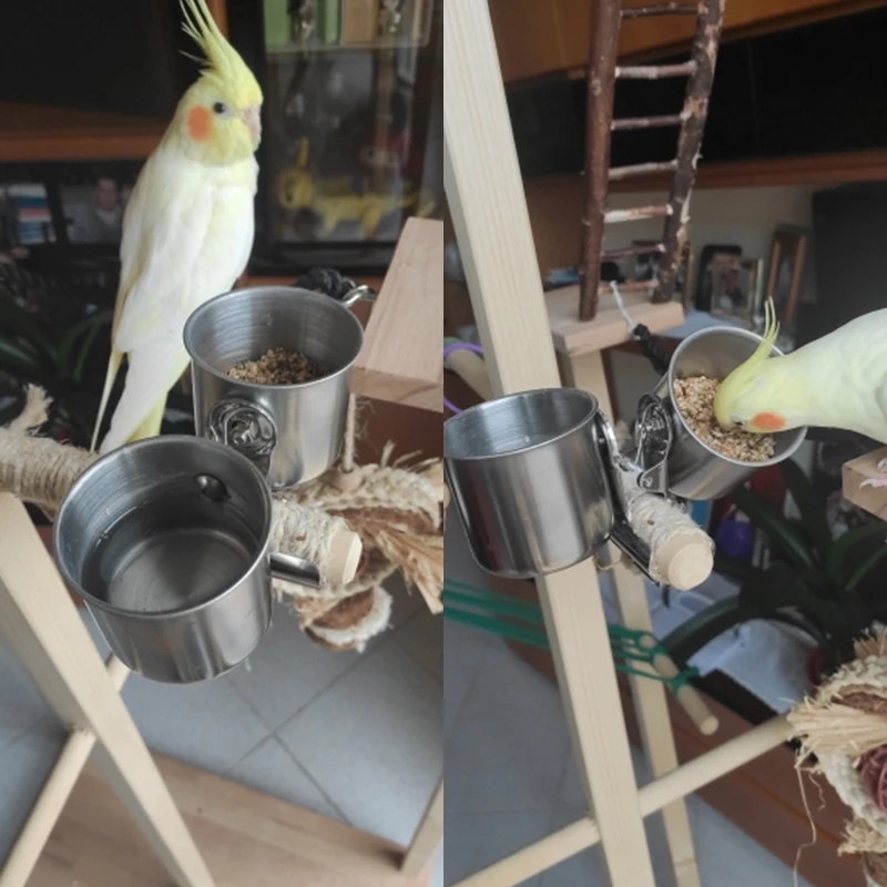 Stainless Steel Cage Stand Double Cups Clip Bird Parrot Double Food Water Feeding Cups Dispenser Pet Cage Supplies bird feeder parrot feeder parrot feeding bowl bird water drinker pet water feeder