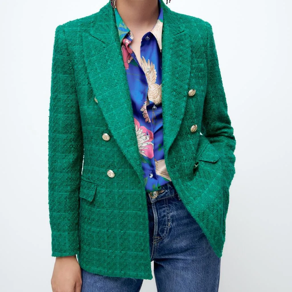 TescoWomenSolidFashionBlazerDoubleBreastedPlaidCoatTweedLong