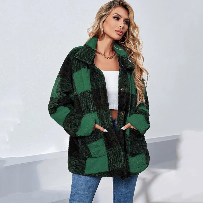 Autumn Winter Plaid Faux Fur Coat Women Checkered Thick Warm Jacket Women Furry Fluffy Teddy Jacket Plush Coat Ladies puffer coat women Coats & Jackets