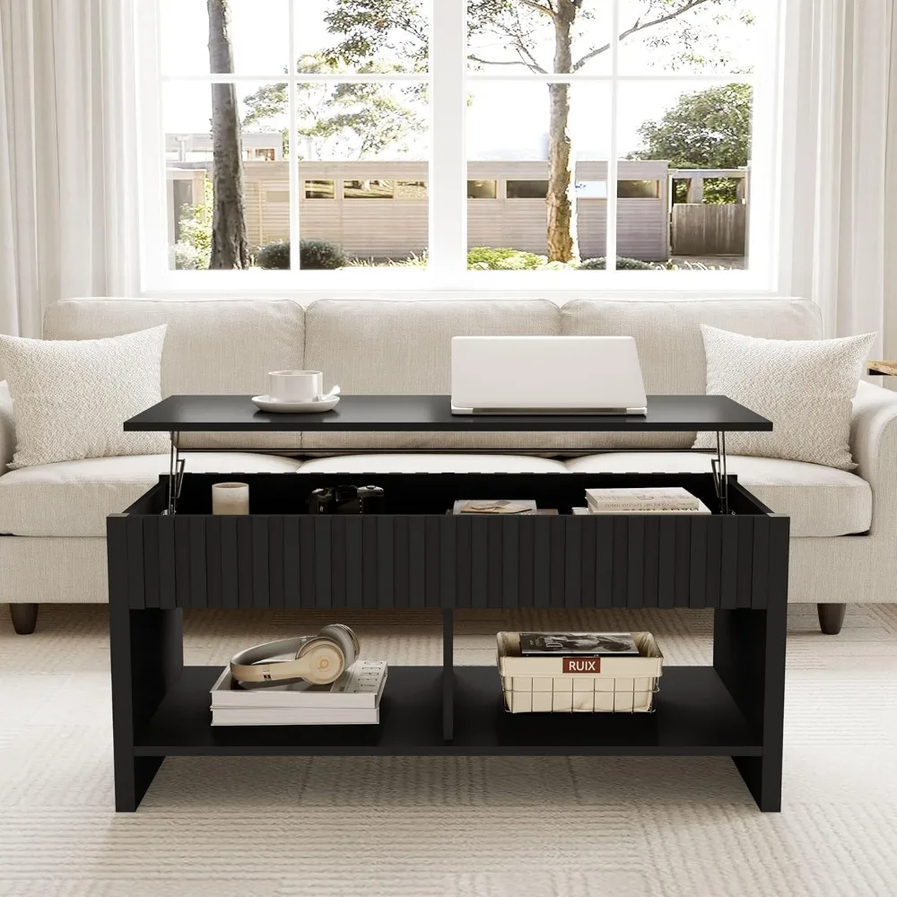 Fluted Lift Top Coffee Table, Wooden Coffee Table Dining Table with Storage Shelf and Large Hidden Compartment 3
