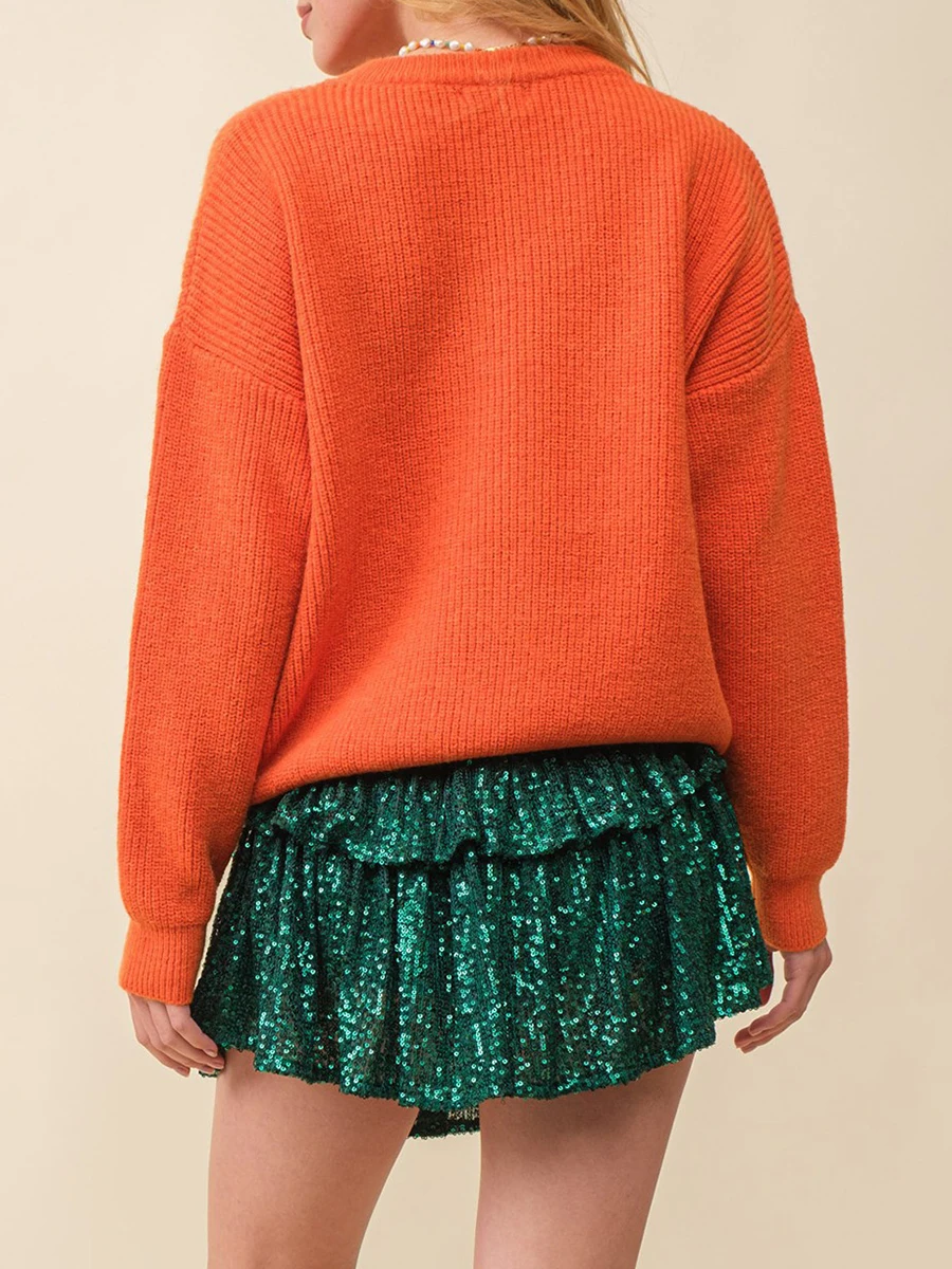 Women s Halloween Sweater with Pumpkin Print Round Neck Long Sleeve Pullover Knit Tops Casual Streetwear for Autumn Winter