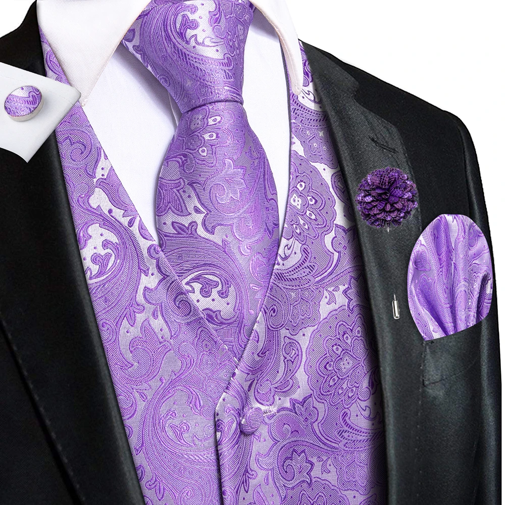 

Hi-Tie Elegant Purple Mens Vests Silk Paisley Waistcoat Tie Hanky Cufflinks Brooch Set for Male Wedding Formal Business Designer