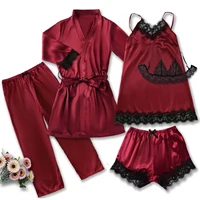 Women's Satin Sleepwear Pajama Set Pink Sexy Lingerie Bath Robe Lace Patchwork Silk Night Dress Trousers Home Clothed Nightwear - Image 5