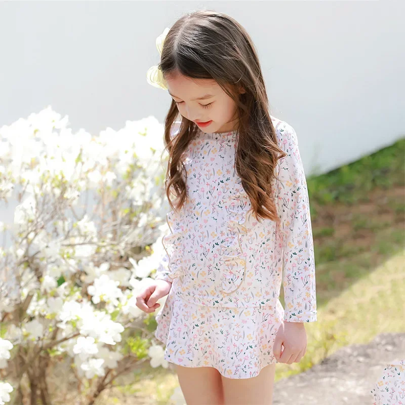 Children's Swimsuit for Girls 2025 New Style Split Long Sleeved Short Skirt Sunscreen Hat Quick Drying Four Piece Set Swimsuit - 2
