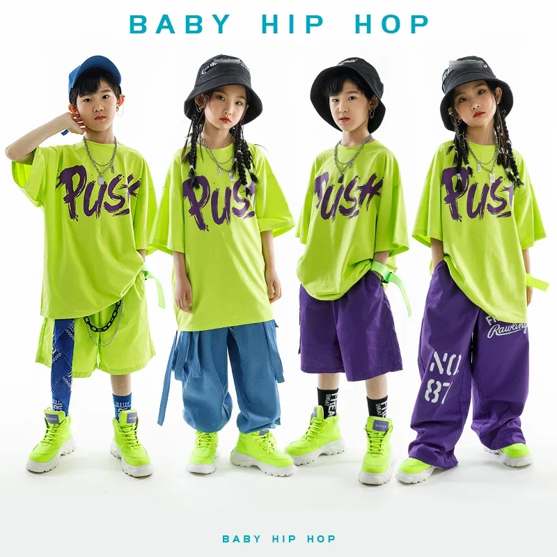 

Short Sleeves Boys Jazz Drum Performance Wear Children's Day Street Dance Fashion Outfit Girls Green Tops Pants Loose