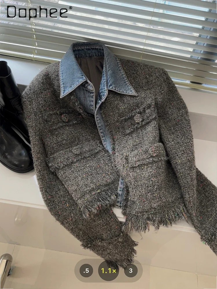 Chic Denim Patchwork Jacket Women's 2024 Autumn New Tassel Turn Down Collar Pocket Short Coat Commute Korean Fashion Retro