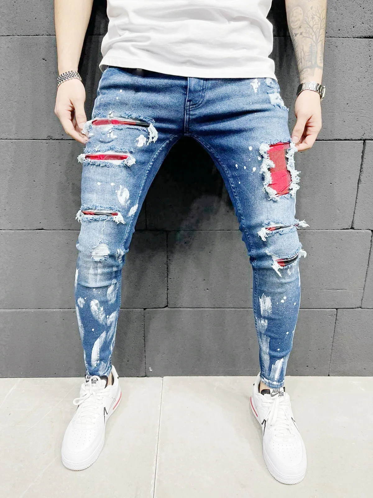 

Fashion Mens Slim Jeans Stretch Skinny Patchwork Color Blue Ripped Jean Men Streetwear Y2K Denim Punk Pants Pantalones Hombre