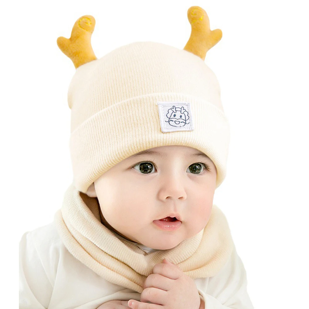 Baby Hat Scarf Set Children's Neck Scarf Knitted Woolen Hats 3D Cartoon Animal Horn Cotton Beanies Caps For Kids 3-18 Month