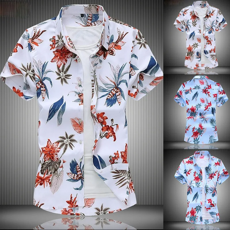 New Men's Printed Leisure Vacation Hawaiian Style Short Sleeved Shirt Korean Version Business Travel Light And Thin Lapel Shirt