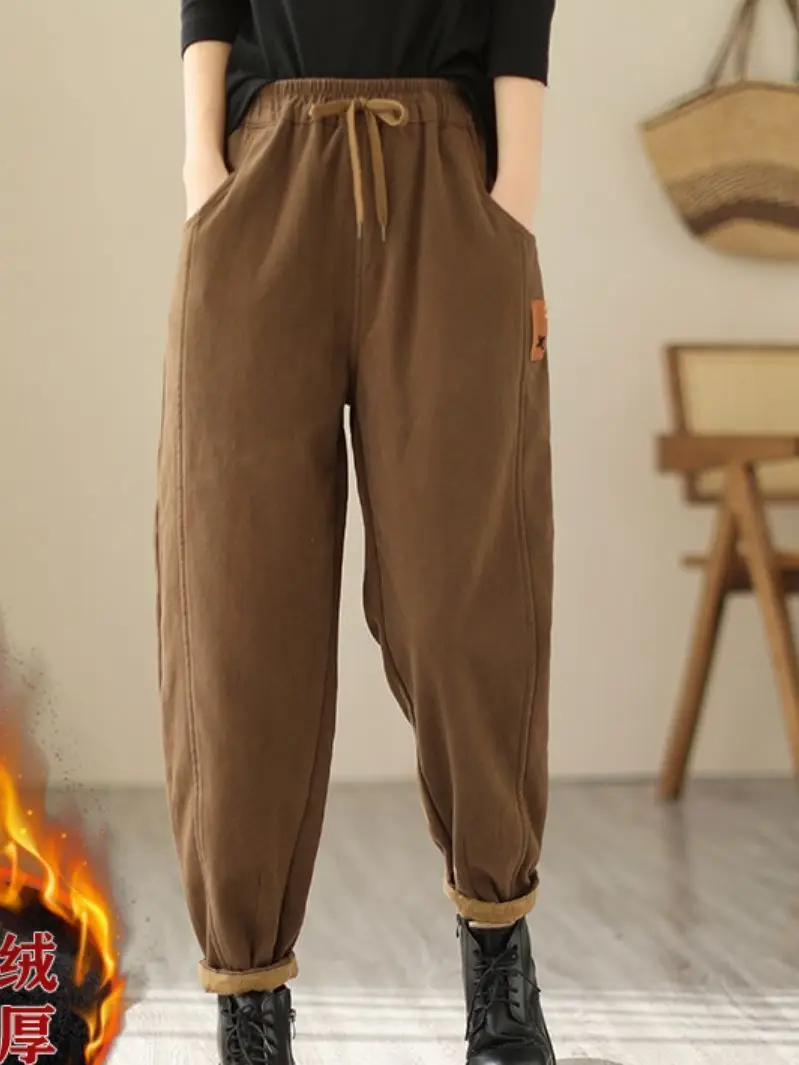 

2022 New Fashionable And Warm Women's Autumn And Winter New Fleece Thickened Stitching Solid Color Loose Drawstring Harem Pants