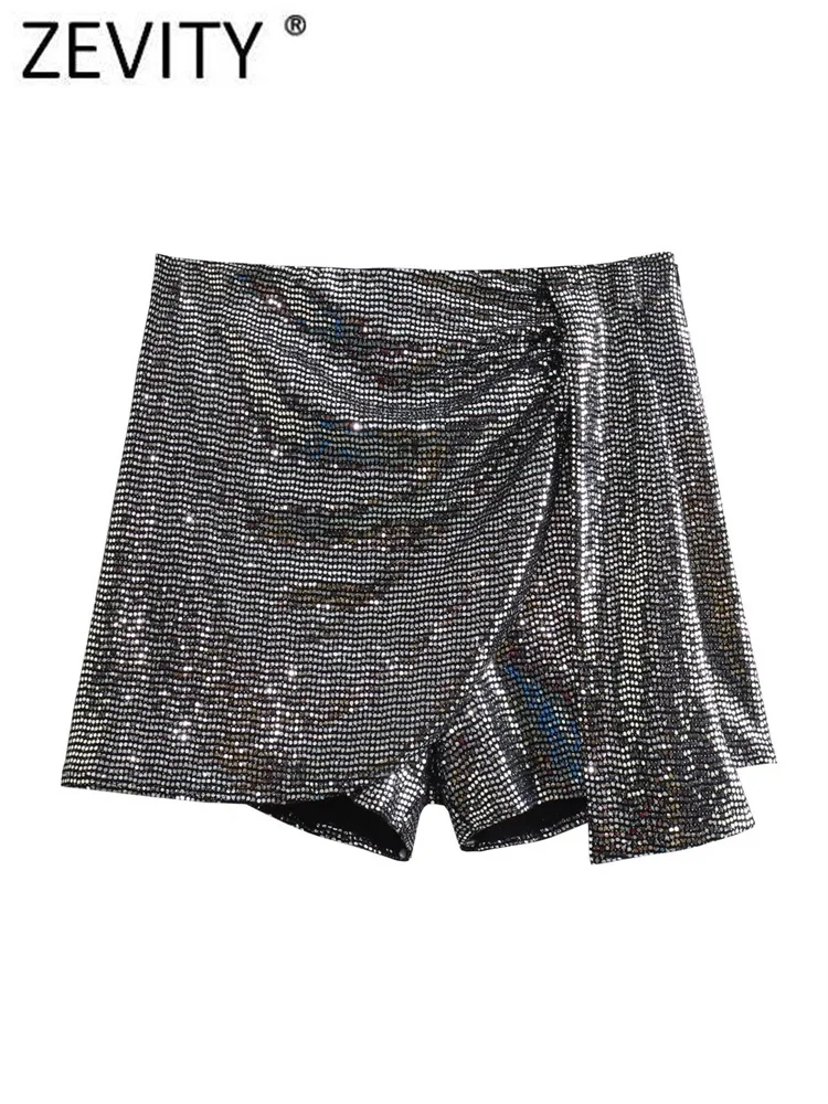 

ZEVITY New Women Fashion Shinning Sequined Knotted Mini Sarong Shorts Skirts Femme Side Zipper Casual Slim Hot Pants Mujer P5791