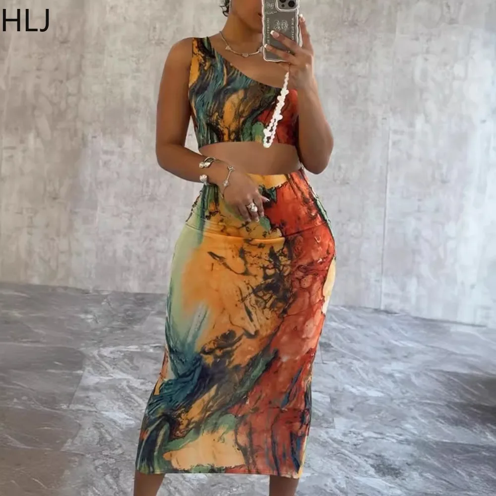 HLJ Fashion Printing Bodycon Skirts Two Piece Sets Women One Shoulder Sleeveless Crop Top And Skirts Outfits Female Streetwear summer short sleeve button shirt beach shorts two suit streetwear casual men s clothing 2 piece set men hawaiian sets printing